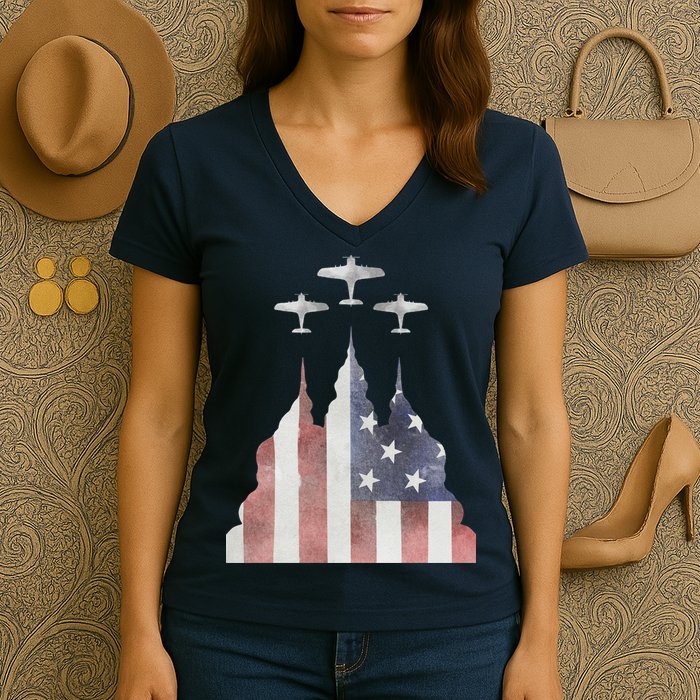 Patriotic Usa Flag Fighter Jets 4th Of July Women's V-Neck T-Shirt
