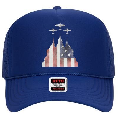 Patriotic Usa Flag Fighter Jets 4th Of July High Crown Mesh Back Trucker Hat