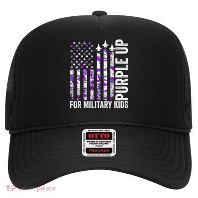 Purple Up For Military USA Flag Military Child Month High Crown Mesh Back Trucker Hat