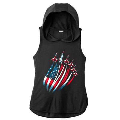 Patriotic Usa Flag Fighter Jets 4th Of July Ladies PosiCharge Tri-Blend Wicking Draft Hoodie Tank