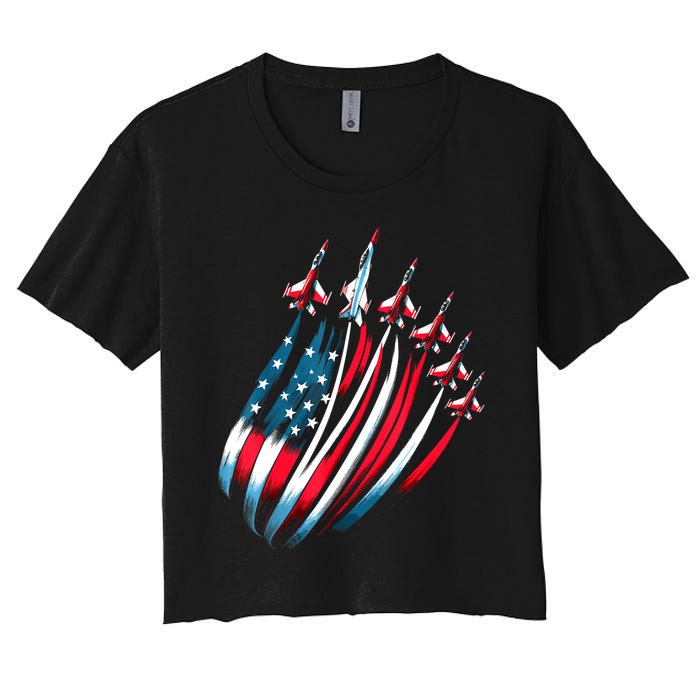 Patriotic Usa Flag Fighter Jets 4th Of July Women's Crop Top Tee