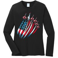 Patriotic Usa Flag Fighter Jets 4th Of July Ladies Long Sleeve Shirt