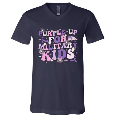 Purple Up For Military Ki.Ds Cute Groovy Military Child Month V-Neck T-Shirt