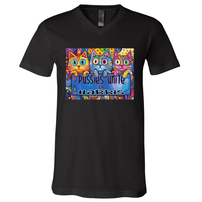 Pussies Unite For Harris Bold And Colorful Kitten Campaign V-Neck T-Shirt