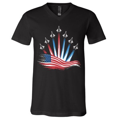 Patriotic Usa Flag Fighter Jets 4th Of July Women V-Neck T-Shirt