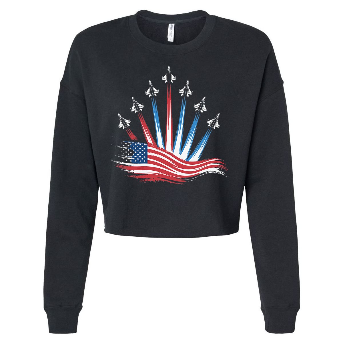 Patriotic Usa Flag Fighter Jets 4th Of July Women Cropped Pullover Crew