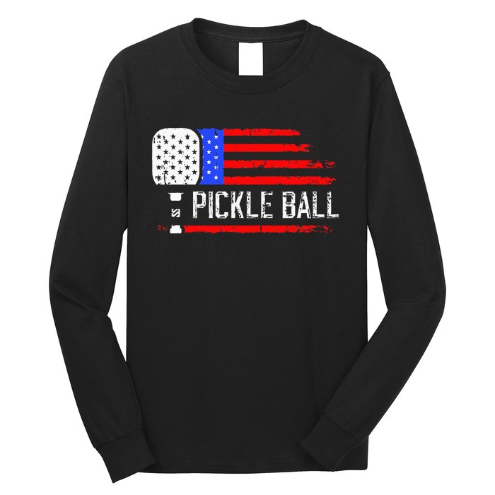 Pickleball US Flag Vintage Pickleball Paddle Long Sleeve Shirt