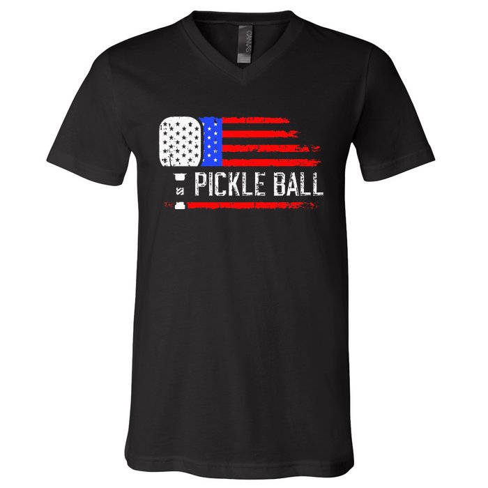 Pickleball US Flag Vintage Pickleball Paddle V-Neck T-Shirt