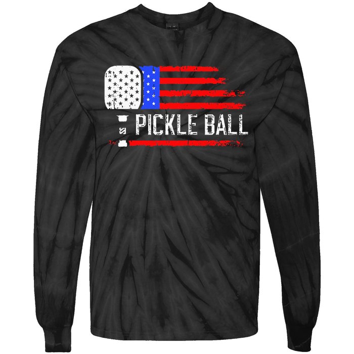 Pickleball US Flag Vintage Pickleball Paddle Tie-Dye Long Sleeve Shirt