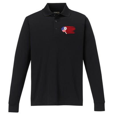 Pickleball US Flag American Patriotic Pickleball 4th Of July Performance Long Sleeve Polo