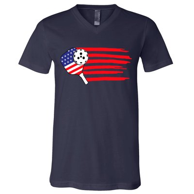Pickleball US Flag American Patriotic Pickleball 4th Of July V-Neck T-Shirt