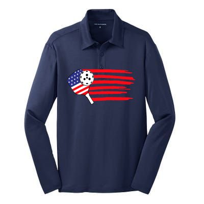 Pickleball US Flag American Patriotic Pickleball 4th Of July Silk Touch Performance Long Sleeve Polo