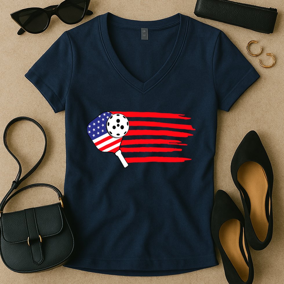 Pickleball US Flag American Patriotic Pickleball 4th Of July Women's V-Neck T-Shirt