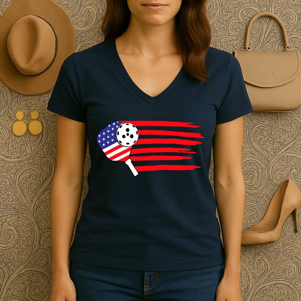Pickleball US Flag American Patriotic Pickleball 4th Of July Women's V-Neck T-Shirt