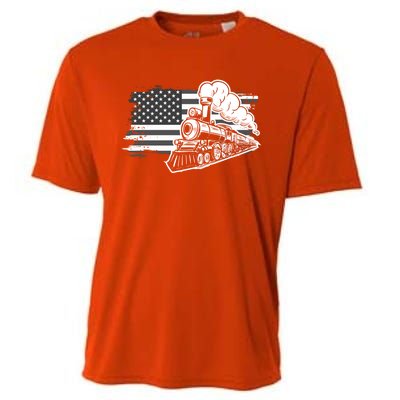 Patriotic Us Flag Train Model Trains Trainspotting Funny Gift Cooling Performance Crew T-Shirt