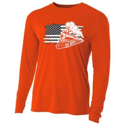 Patriotic Us Flag Train Model Trains Trainspotting Funny Gift Cooling Performance Long Sleeve Crew