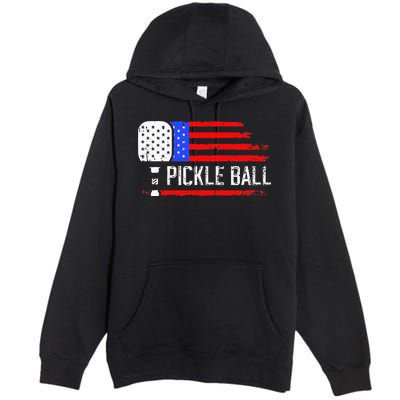 Pickleball US Flag Vintage Pickleball Paddle Premium Pullover Hoodie