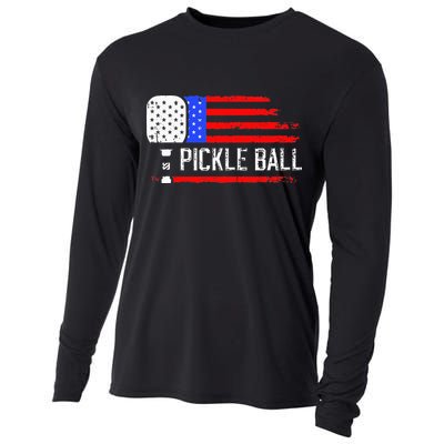 Pickleball US Flag Vintage Pickleball Paddle Cooling Performance Long Sleeve Crew