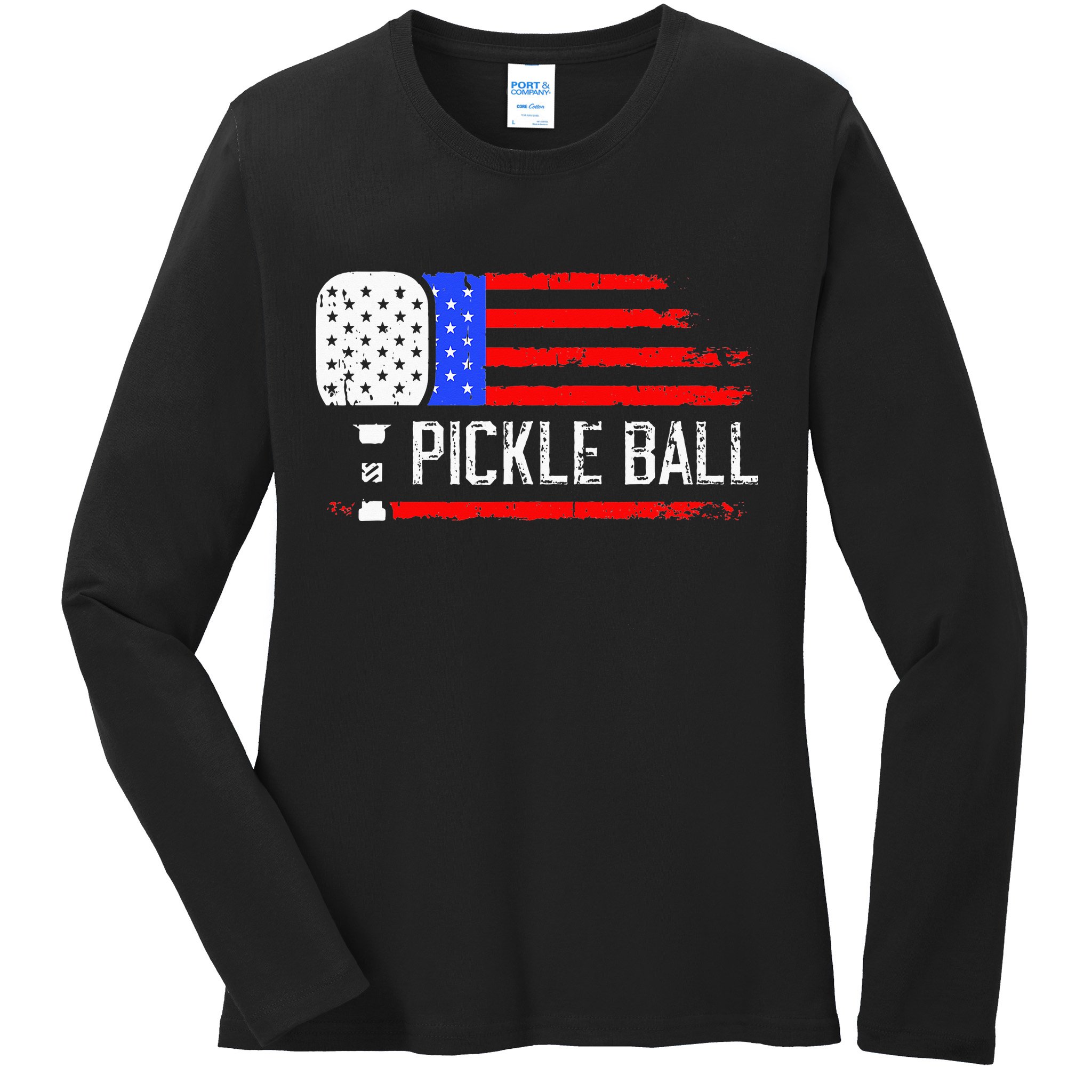 Pickleball US Flag Vintage Pickleball Paddle Ladies Long Sleeve Shirt