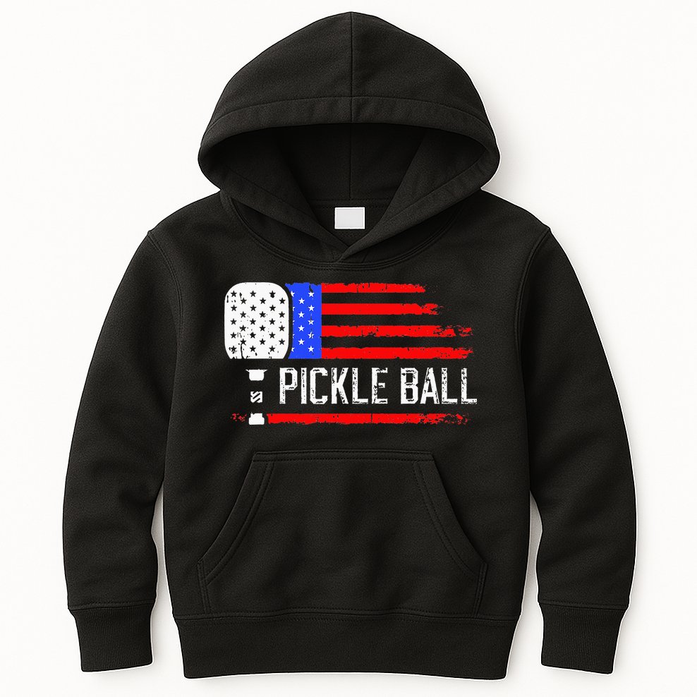 Pickleball US Flag Vintage Pickleball Paddle Kids Hoodie