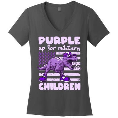 Purple Up For Military Children TRex Dinosaur Women's V-Neck T-Shirt