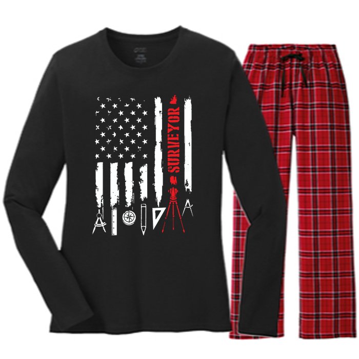 Patriotic USA Flag Land Surveyor Land Examiner Cartographer Women's Long Sleeve Flannel Pajama Set 