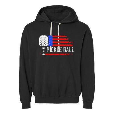 Pickleball US Flag Vintage Pickleball Paddle Garment-Dyed Fleece Hoodie