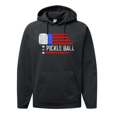 Pickleball US Flag Vintage Pickleball Paddle Performance Fleece Hoodie