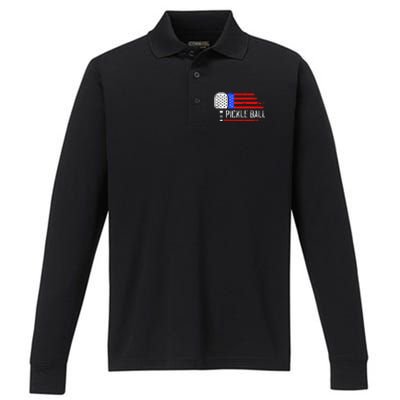 Pickleball US Flag Vintage Pickleball Paddle Performance Long Sleeve Polo