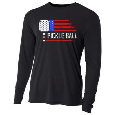 Pickleball US Flag Vintage Pickleball Paddle Cooling Performance Long Sleeve Crew