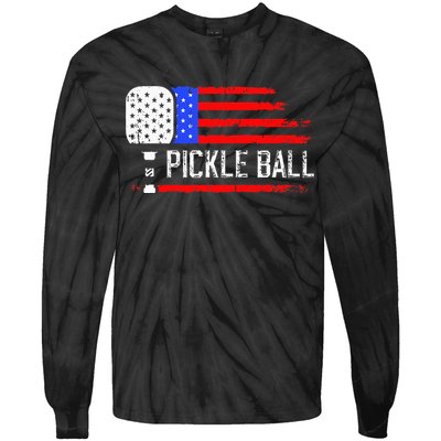 Pickleball US Flag Vintage Pickleball Paddle Tie-Dye Long Sleeve Shirt