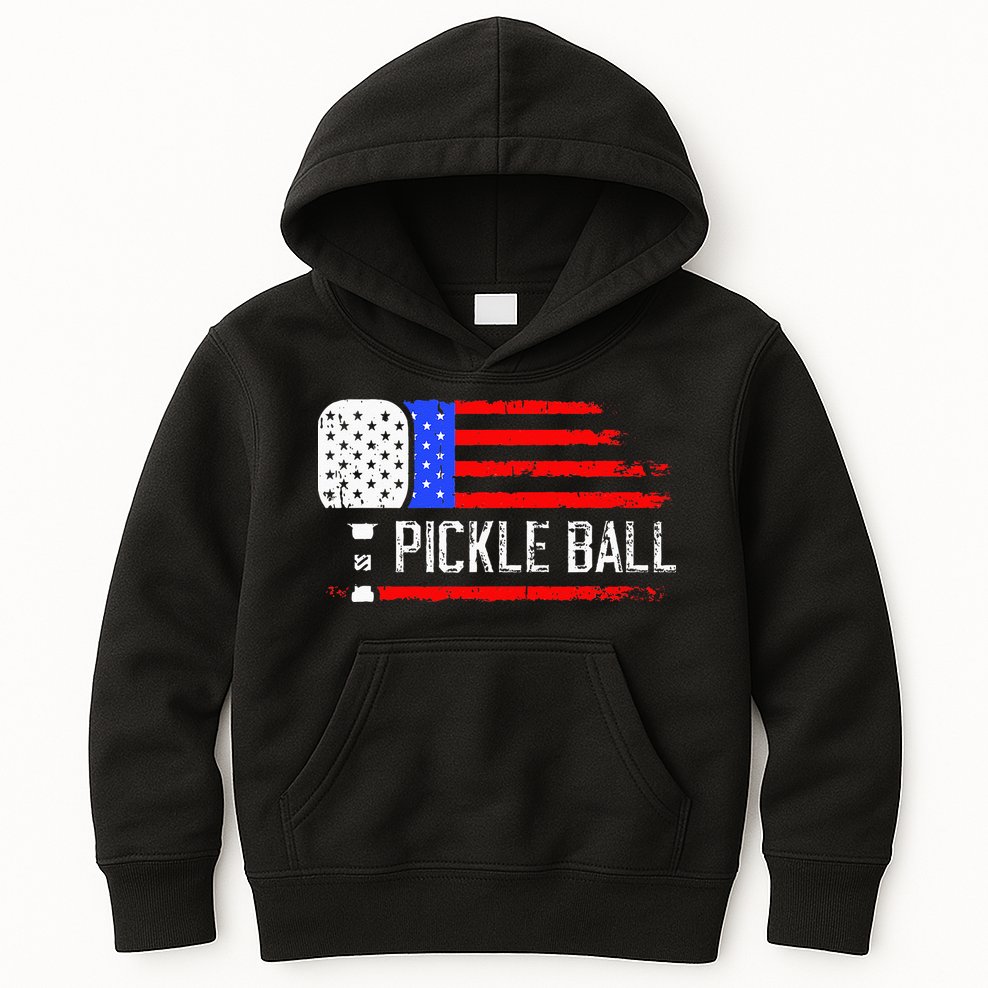 Pickleball US Flag Vintage Pickleball Paddle Kids Hoodie