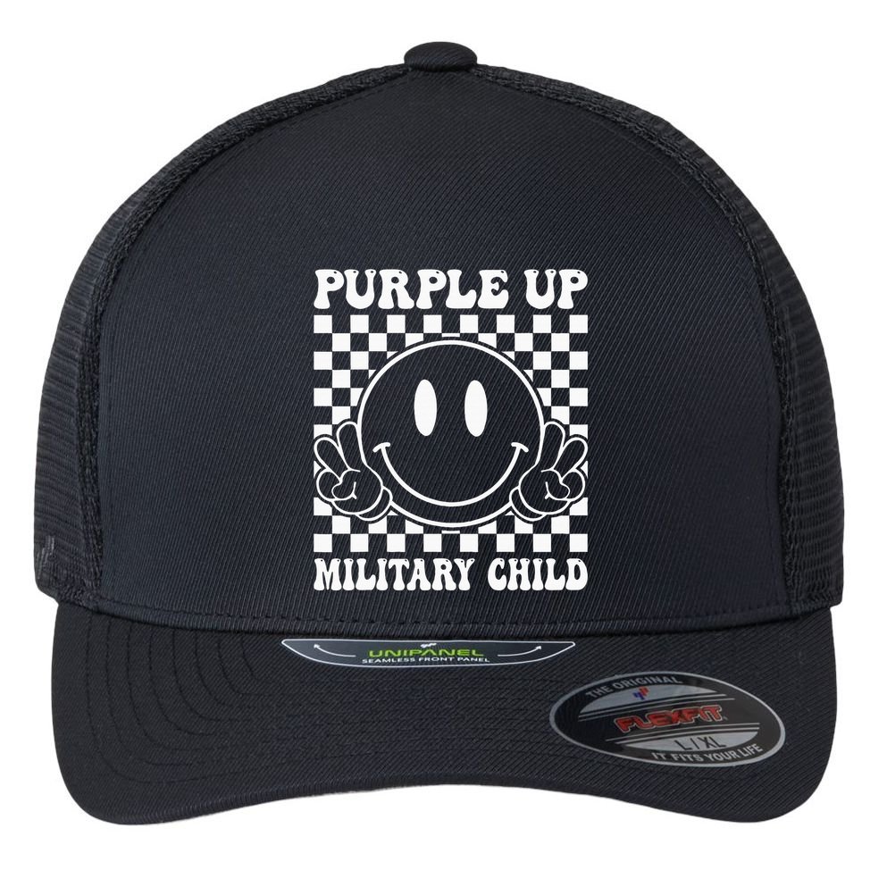 Purple Up For Military Groovy Military Child Month Flexfit Unipanel Trucker Cap