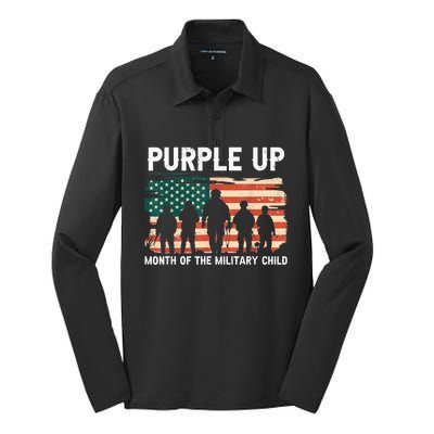 Purple Up For Military Kid Military Child Month US Flag Silk Touch Performance Long Sleeve Polo