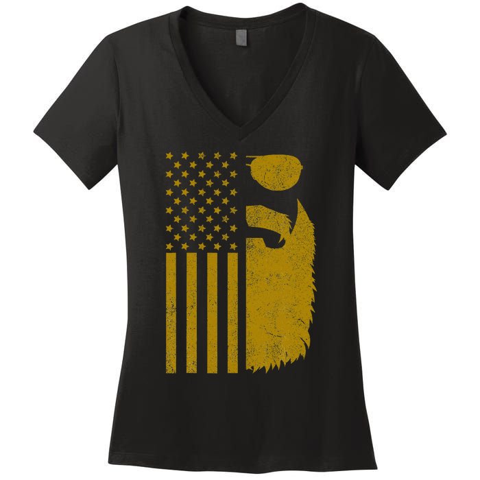 Patriotic Us Flag Beard And Sunglasses For With Beards Women's V-Neck T-Shirt