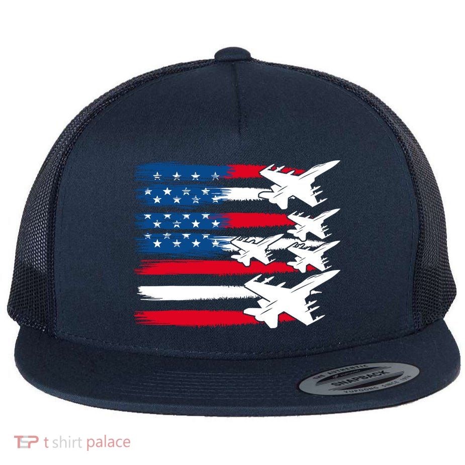 Patriotic USA Flag Fighter Jets 4th Of July Flat Bill Trucker Hat
