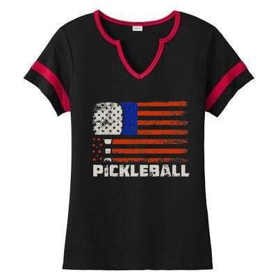 Pickleball USA Flag US Player Paddleball Ladies Halftime Notch Neck Tee