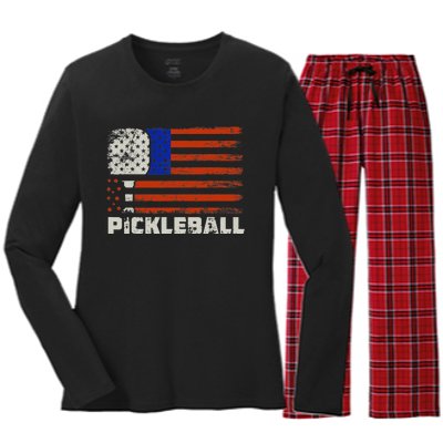 Pickleball USA Flag US Player Paddleball Women's Long Sleeve Flannel Pajama Set 