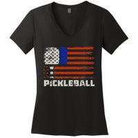 Pickleball USA Flag US Player Paddleball Women's V-Neck T-Shirt