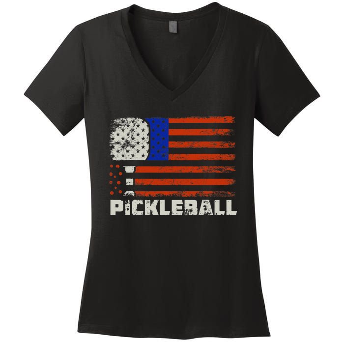 Pickleball USA Flag US Player Paddleball Women's V-Neck T-Shirt