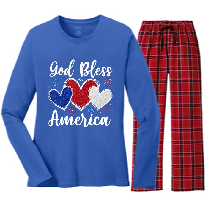 Patriotic Usa Flag Hearts For Christians God Bless America Gift Women's Long Sleeve Flannel Pajama Set 