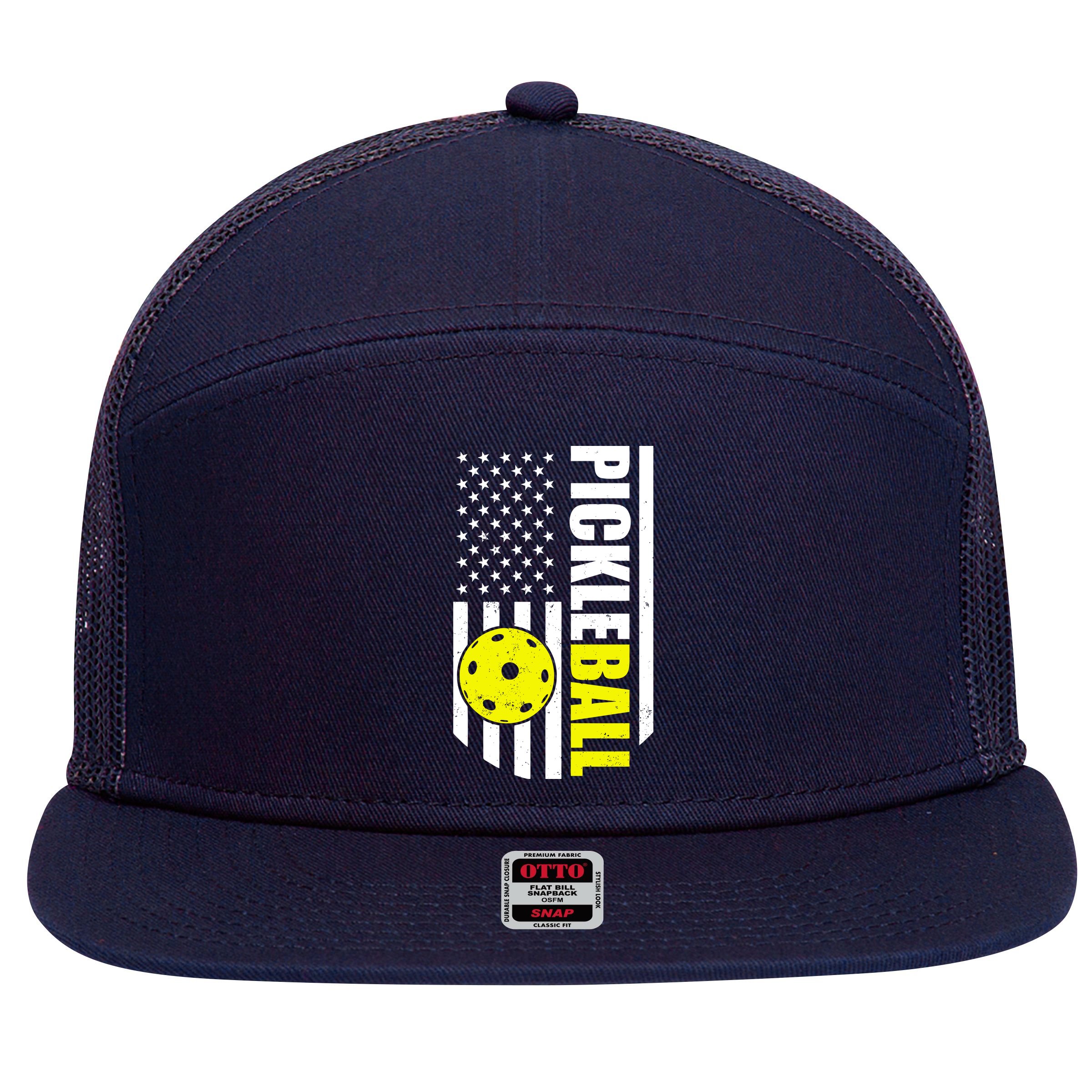 Pickleball USA Flag Love Playing Pickle Ball 7 Panel Mesh Trucker Snapback Hat