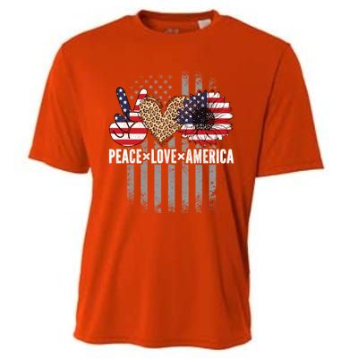 Patriotic Usa Flag Sunflower 4th July Peace Love America Gift Cooling Performance Crew T-Shirt