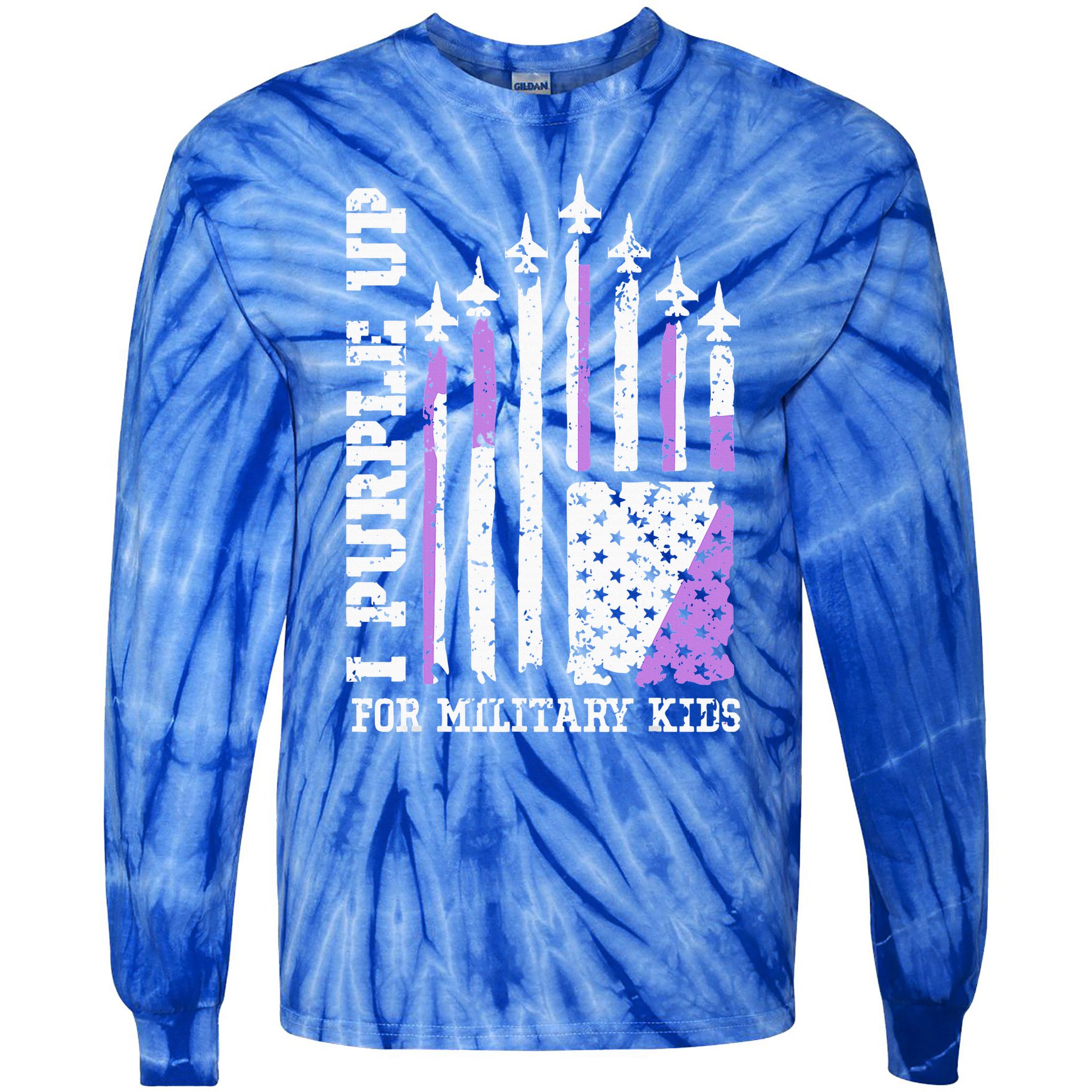 Purple Up for Military Kid U.S Flag Military Child Month  Tie-Dye Long Sleeve Shirt