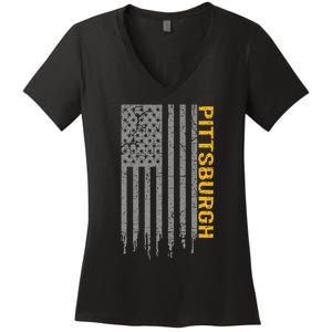 Pittsburgh Usa Flag Patriotic American From Pittsburgh Women's V-Neck T-Shirt