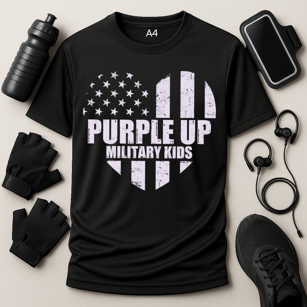 Purple Up For Military Children USA Flag Heart Cooling Performance Crew T-Shirt