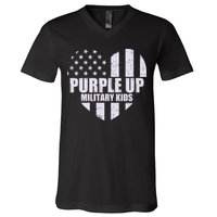 Purple Up For Military Children USA Flag Heart V-Neck T-Shirt