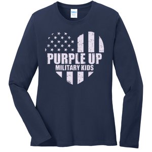 Purple Up For Military Children USA Flag Heart Ladies Long Sleeve Shirt