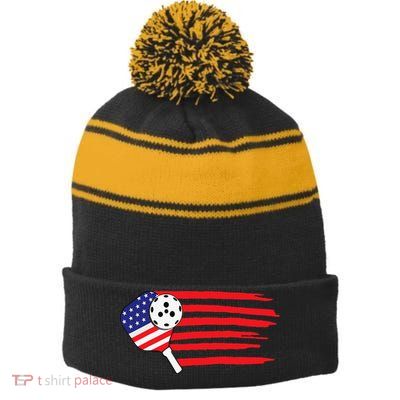 Pickleball US Flag American Patriotic Pickleball 4th of july Stripe Pom Pom Beanie