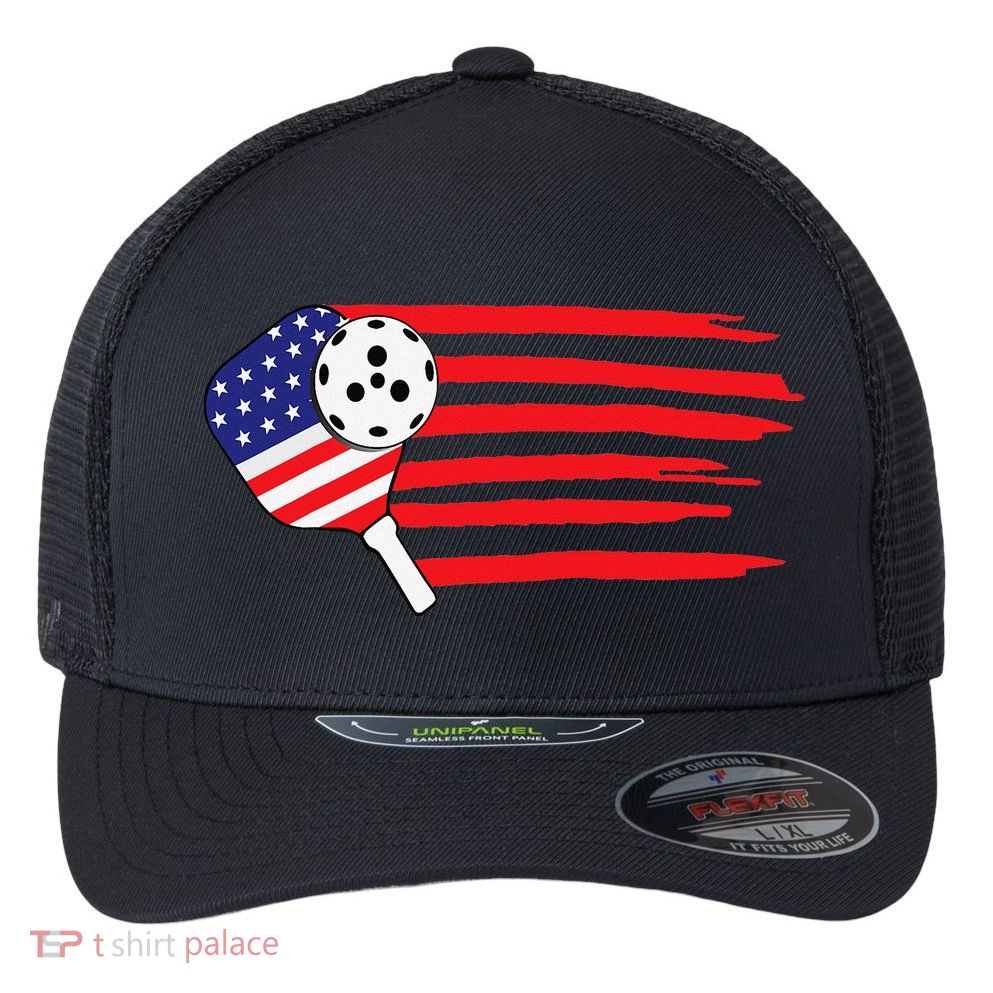 Pickleball US Flag American Patriotic Pickleball 4th of july Flexfit Unipanel Trucker Cap